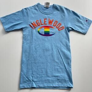 Champion Inglewood Rainbow Logo T-Shirt Light Blue Tee Men's Size XS